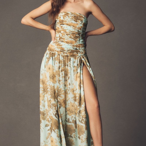 Strapless Floral Ruched Maxi Dress in Light Blue and Tan - Picture 2 of 3